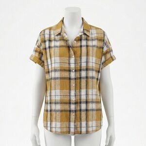 Sundance Plaid Shirt Mustard Yellow Short Sleeve Button Up Cotton Blouse XL